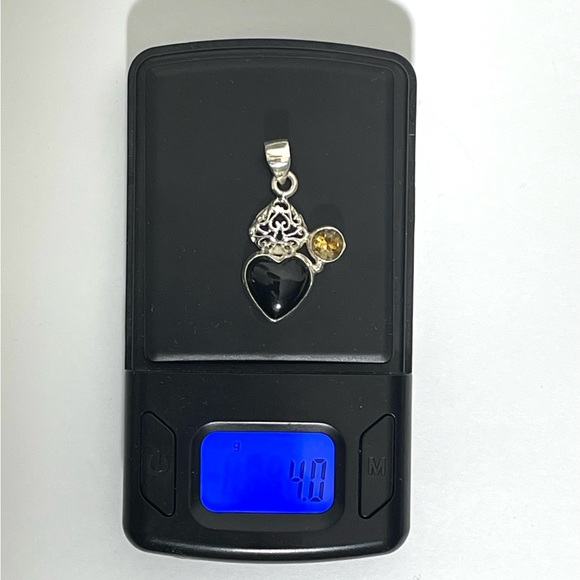 New Sterling Silver Onyx & Citrine Heart Pendant 925 - Picture 4 of 4